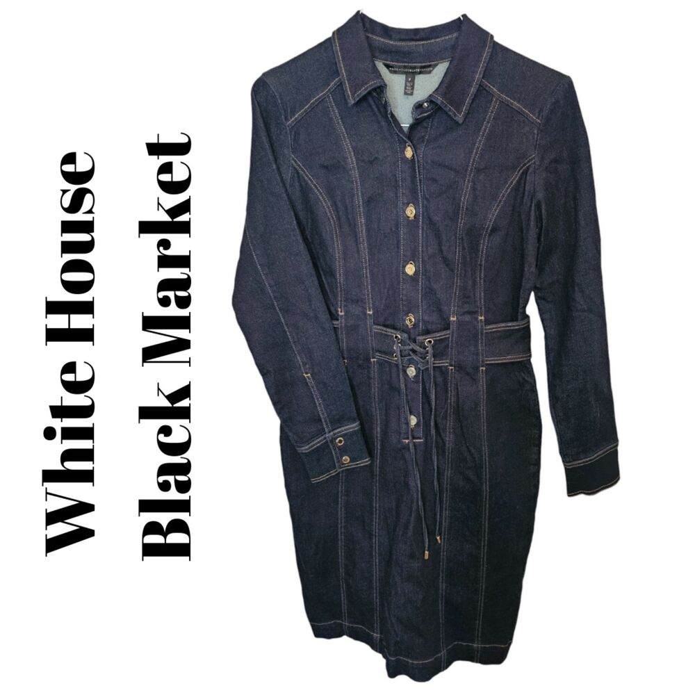 White house Black Market Women's Dress sz 10 Blue Denim Long Sleeve Dress